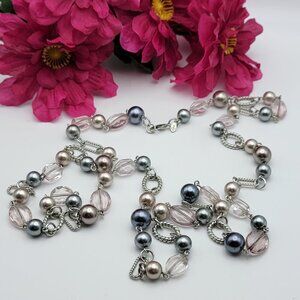 Premier Designs Silver Tone Multi Color Faux Pearl Beaded Chain Necklace 47"